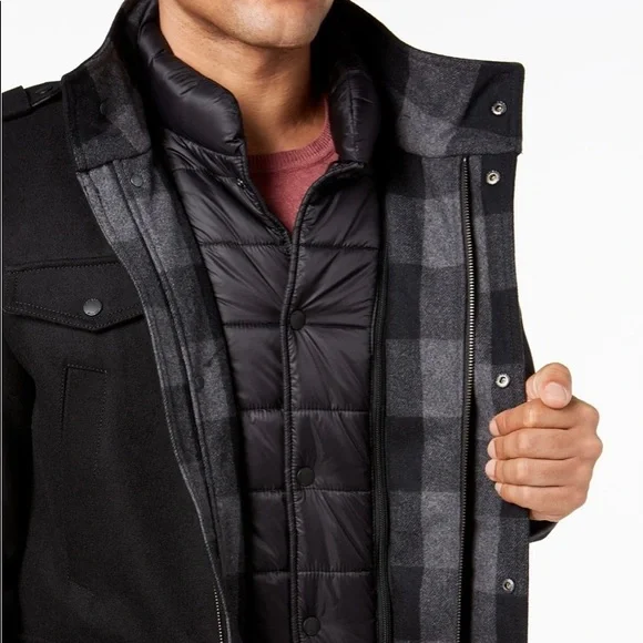 Guess Mens Military-Inspired Coat with Plaid Detail - Picture 3 of 12